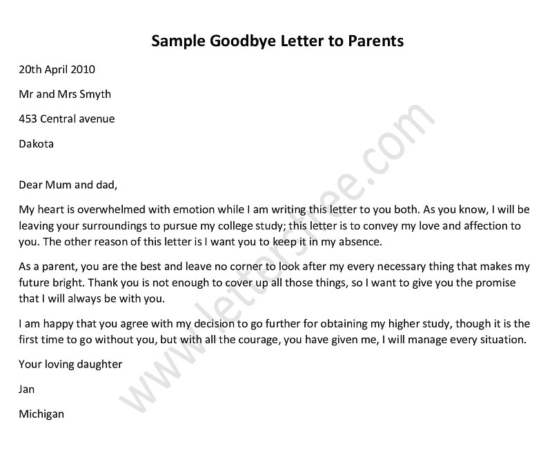 Goodbye Letter to Parents, farewell letter to parents