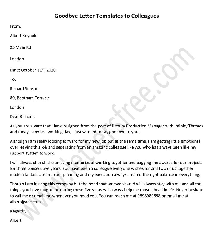 Goodbye letter to colleagues Template, Sample Farewell Goodbye Letter to colleague