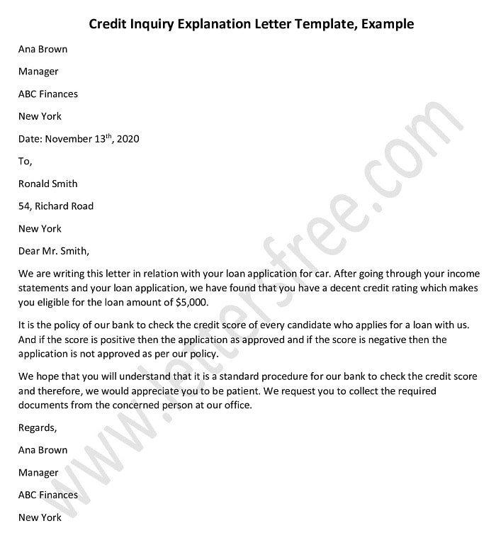 Credit Inquiry Explanation Letter Template, Inquiry Letter Example