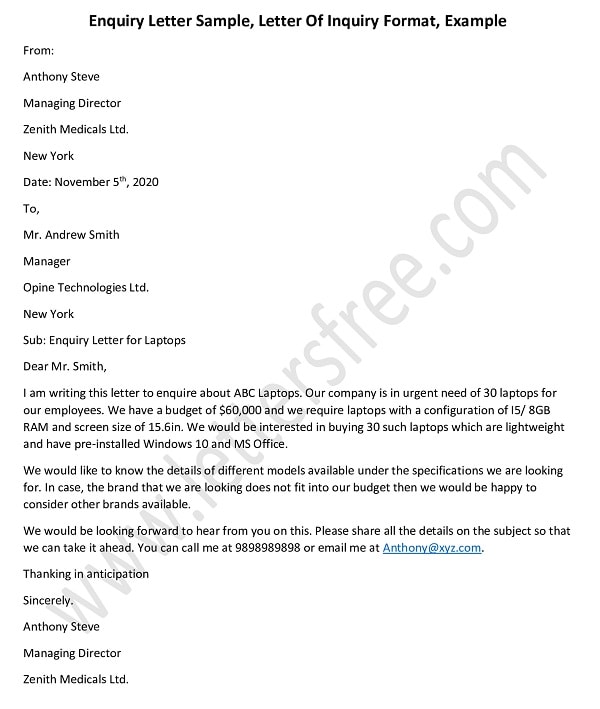 Sample Letter Of Inquiry Format, Enquiry Letter Example, Enquiry Letter Writing Tips