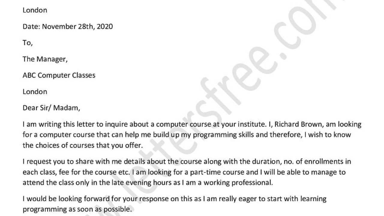 Sample Inquiry Letter for Computer Course  Enquiry Letter