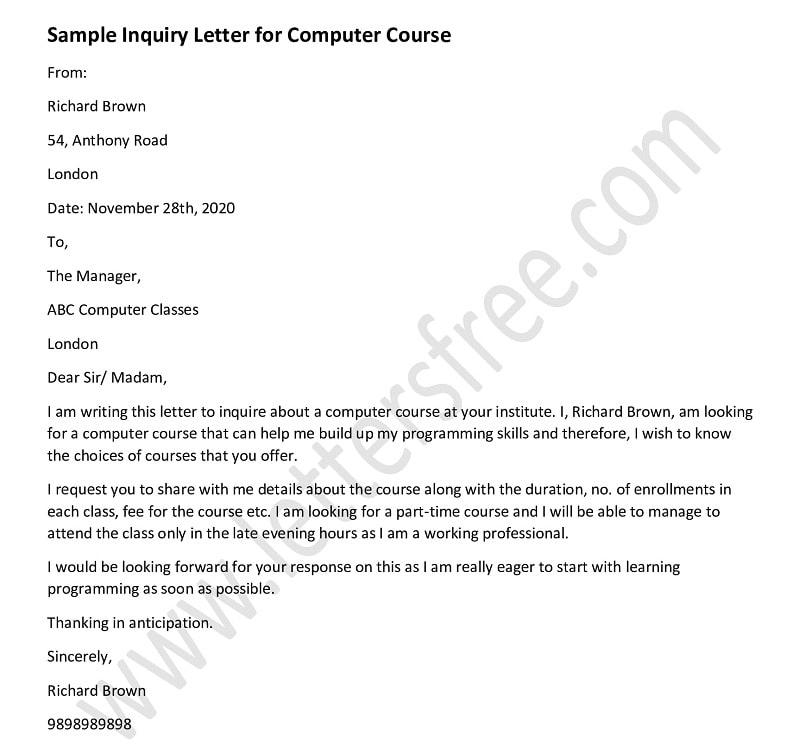 inquiry letter for computer course, course enquiry letter sample